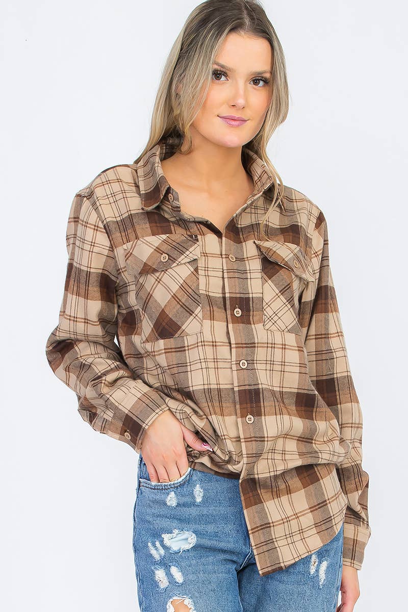 W-FL102 Womens Boyfriend Flannel Checkered Plaid Long Sleeve