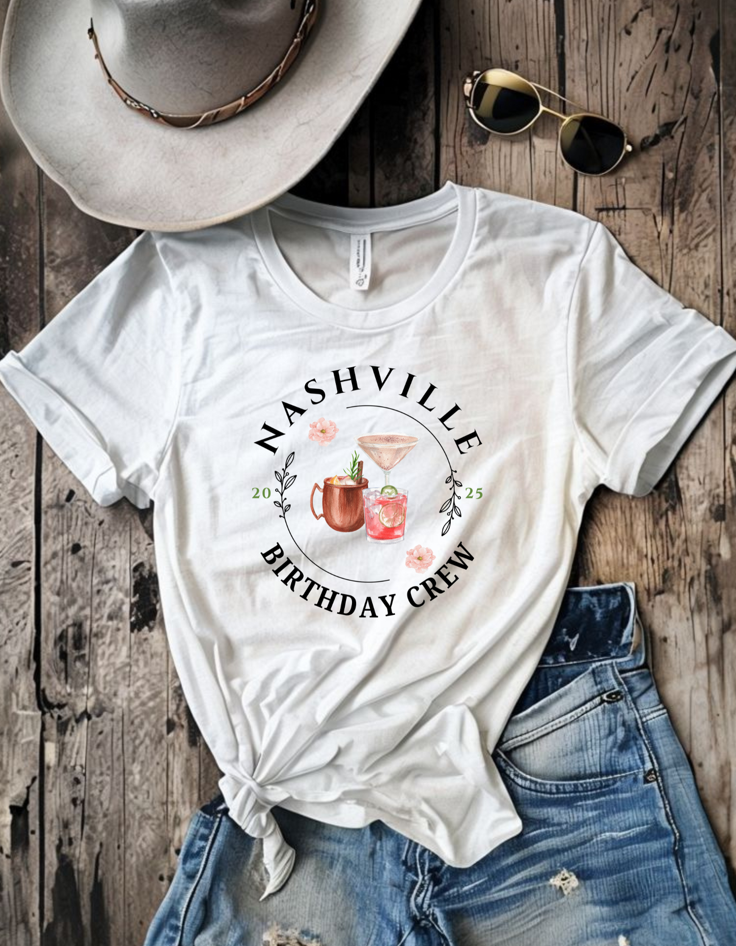 Custom Destination Birthday Crew Group Trip Tee - White/Cocktails