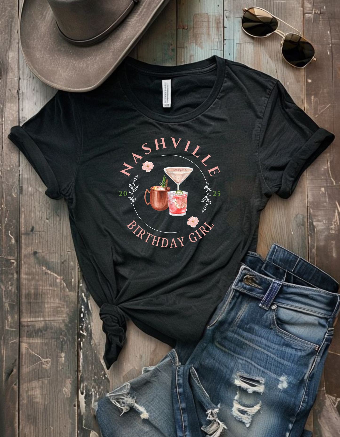 Custom Desitination Birthday Girl Group Trip Tee - Black/Cocktails