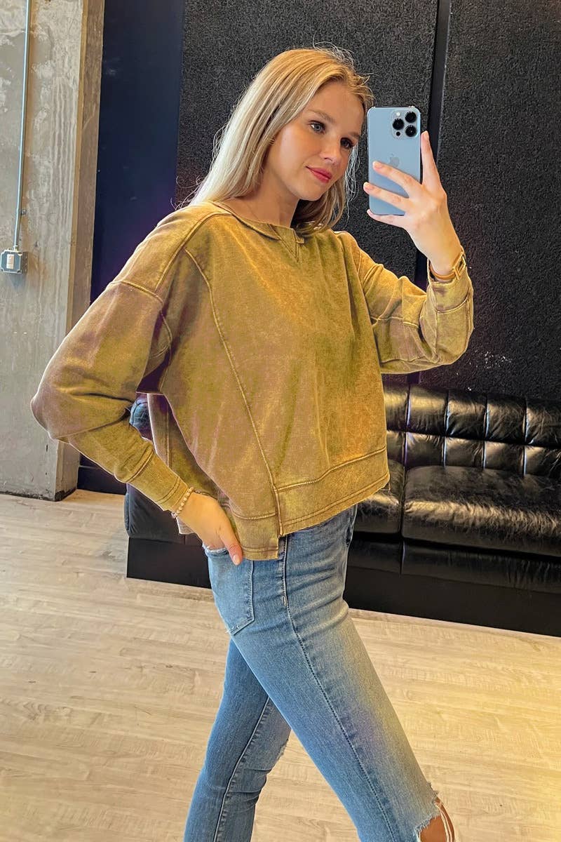 ',, FRENCH TERRY ACID WASH RAW EDGE PULLOVER