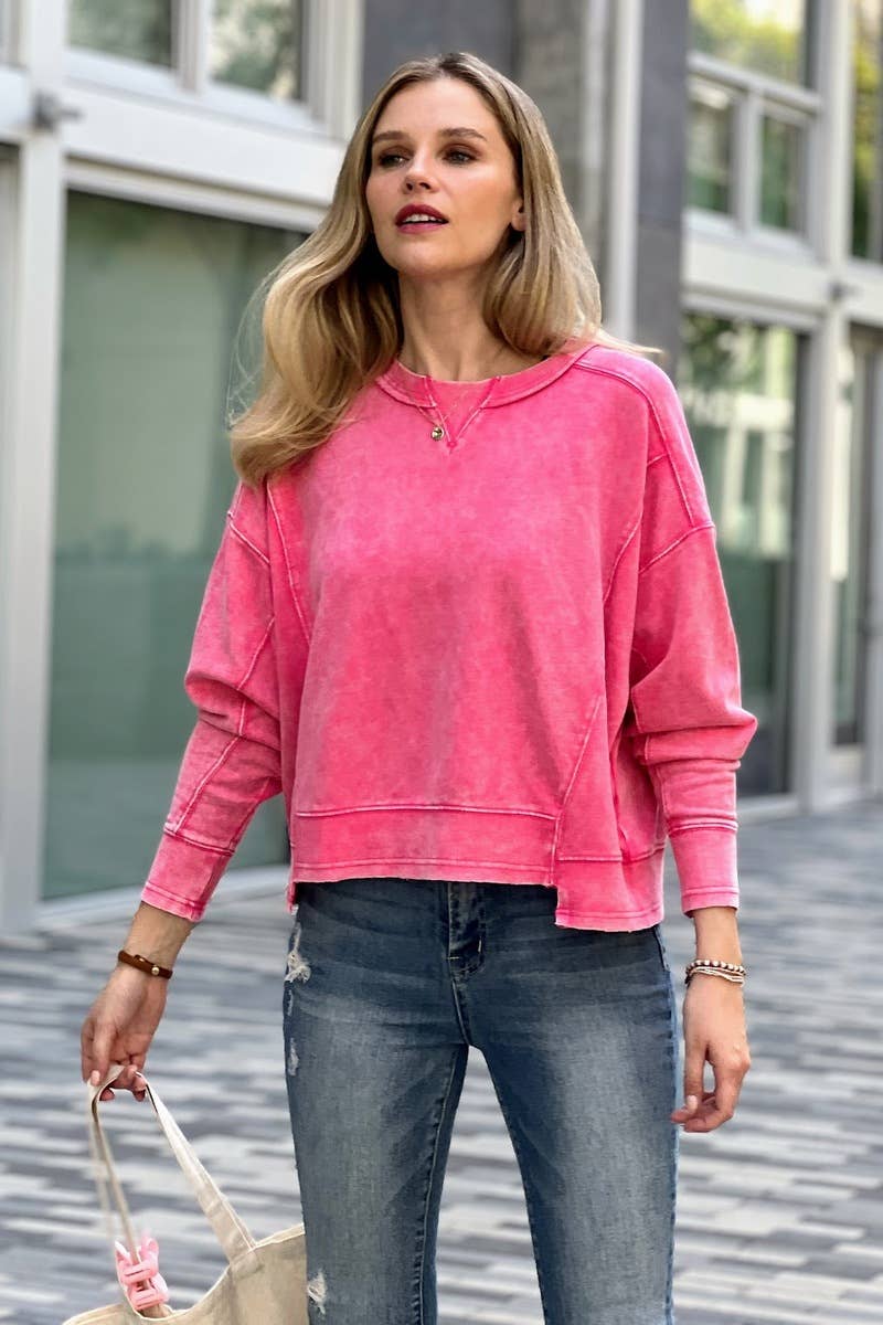 ',, FRENCH TERRY ACID WASH RAW EDGE PULLOVER