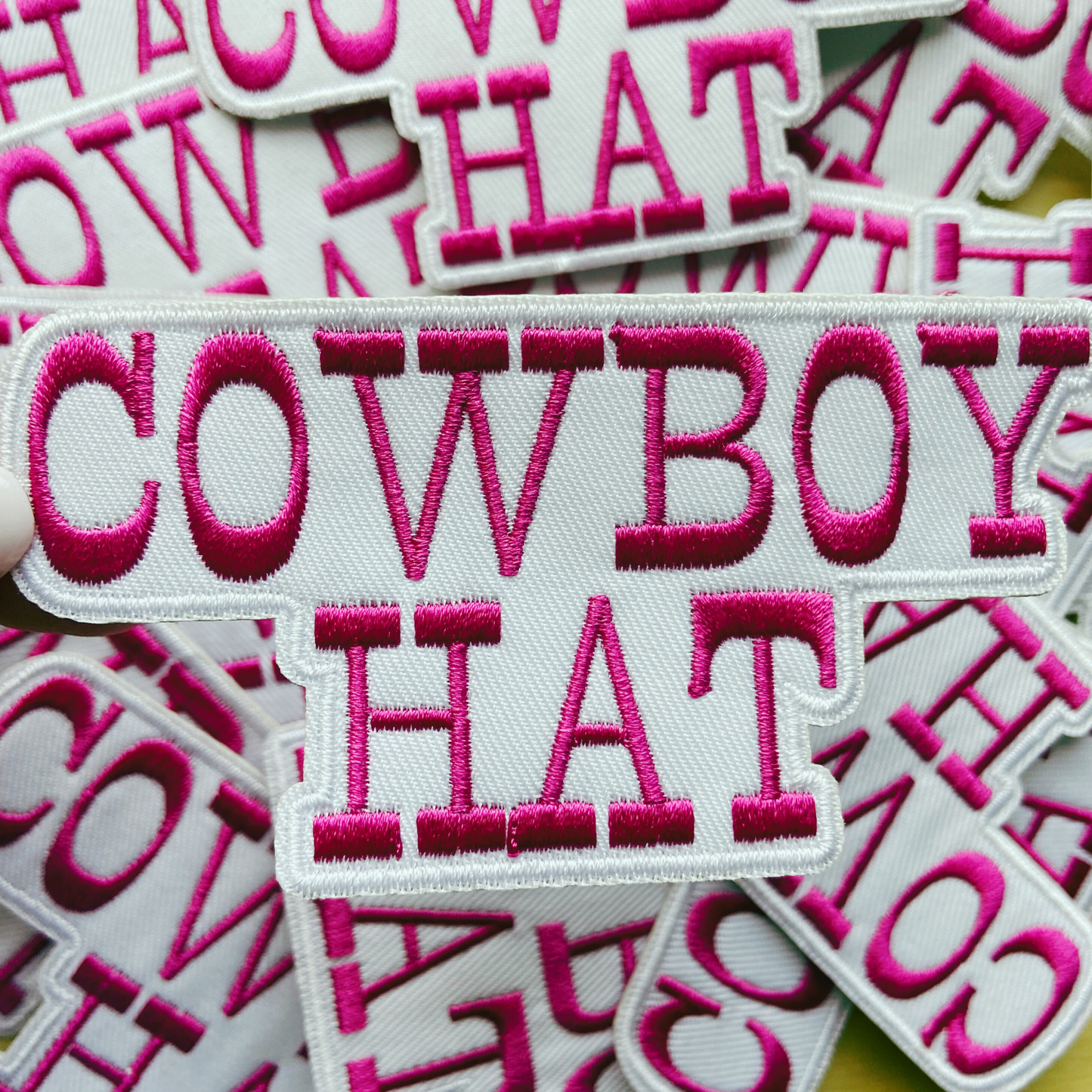 4” COWBOY HAT in White & Pink - Embroidered Hat Patch
