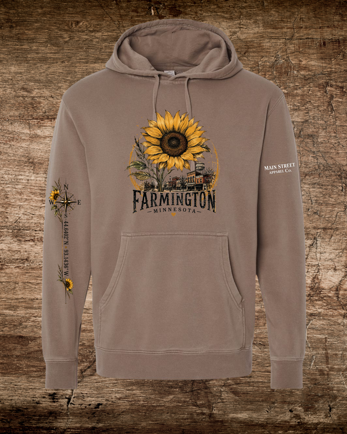 Main Street Apparel Co. Exclusive Farmington MN Latitude Longitude Sunflower Hoodie