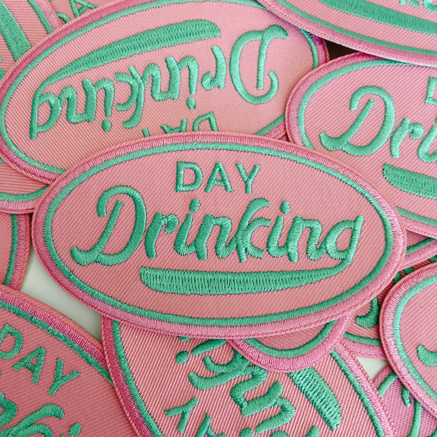 4" Day Drinking in Pink and Teal - Embroidered Hat Patch (Version 2)