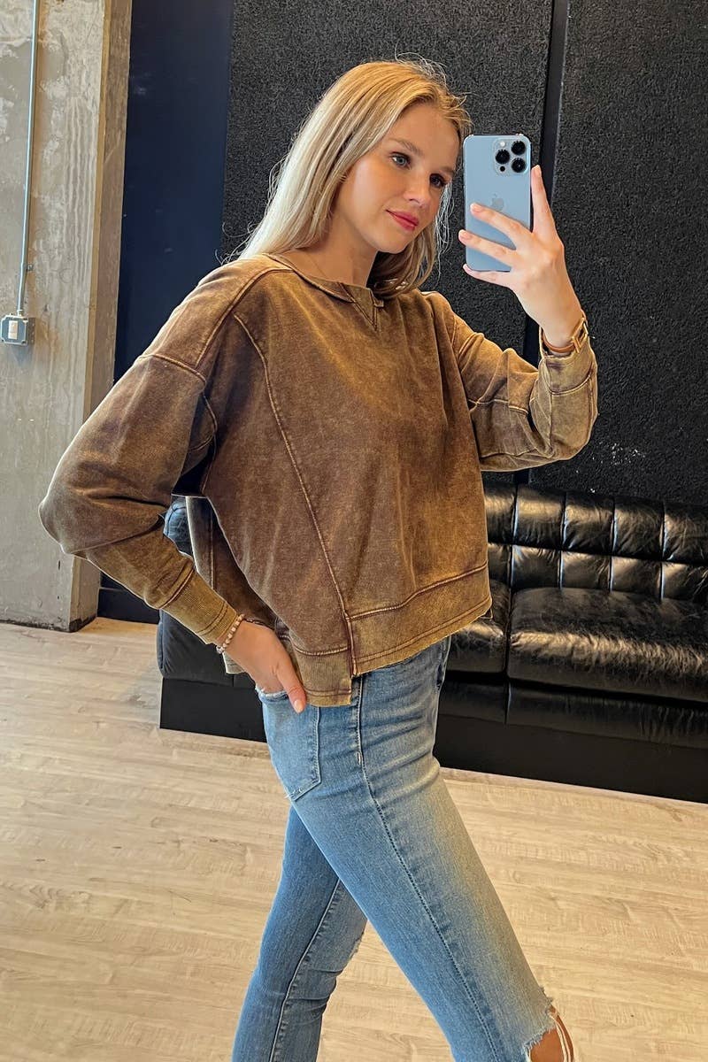 ',, FRENCH TERRY ACID WASH RAW EDGE PULLOVER