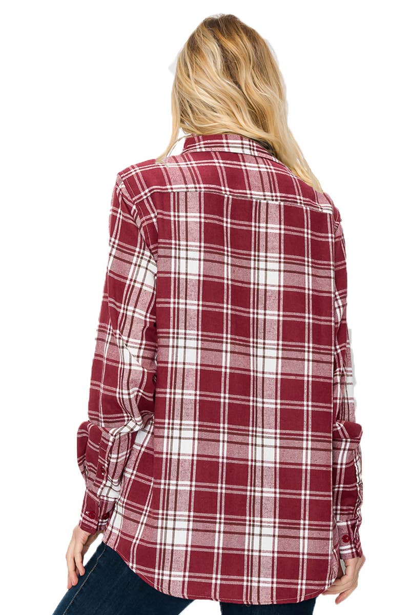 W-FL106 Womens Boyfriend Flannel Checkered Plaid Long Sleeve