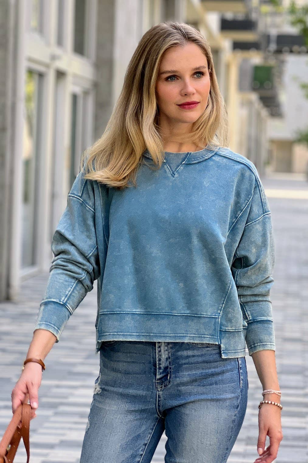 ',, FRENCH TERRY ACID WASH RAW EDGE PULLOVER