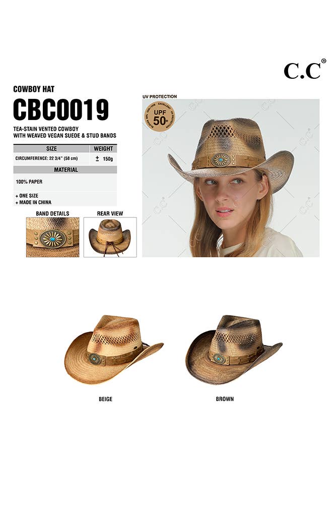 C.C Weaved Vegan Suede Band Tea-Stain Cowboy Hat