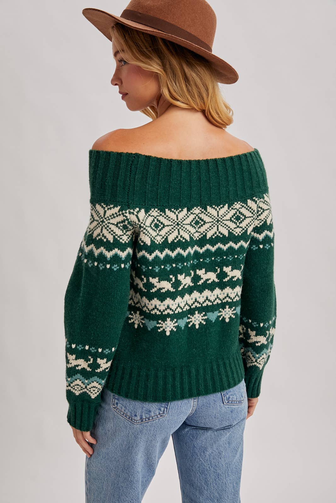 FAIR ISLE OFF SHOULDER KNIT SWEATER - HOLIDAY