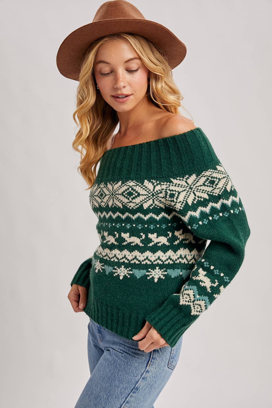 FAIR ISLE OFF SHOULDER KNIT SWEATER - HOLIDAY