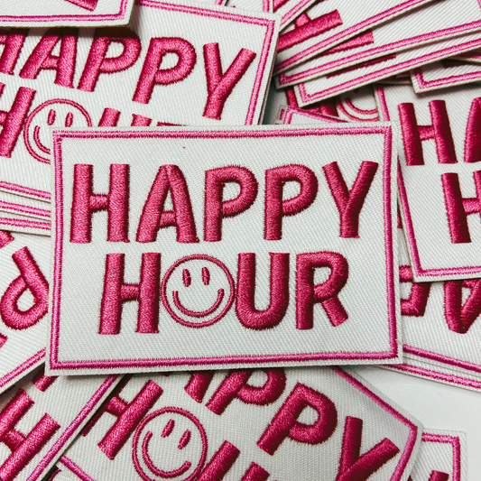 3" Happy Hour w Smiley face -  Embroidered Hat Patch