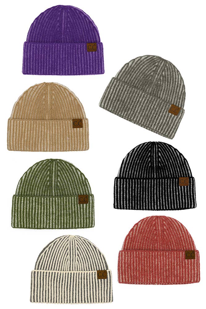 C.C Contrast Color Stripes Cuff Beanie