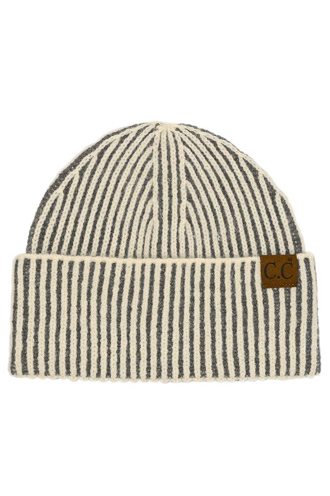 C.C Contrast Color Stripes Cuff Beanie