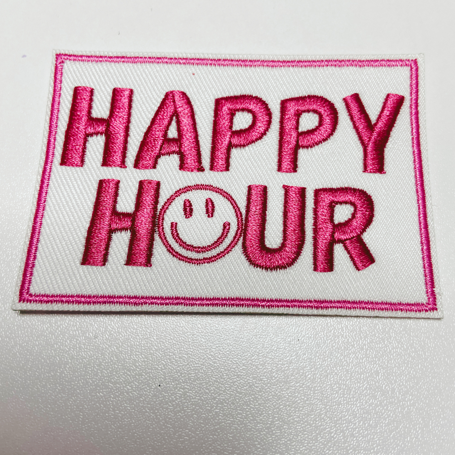3" Happy Hour w Smiley face -  Embroidered Hat Patch