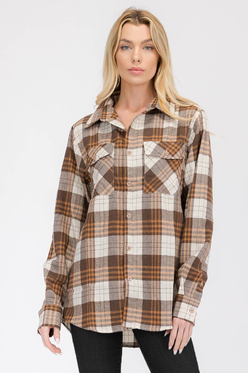 W-FL104 Womens Boyfriend Flannel Checkered Plaid Long Sleeve