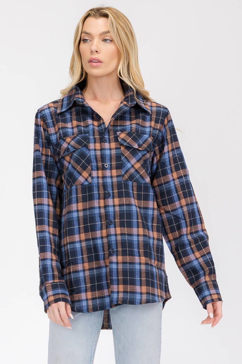 W-FL104 Womens Boyfriend Flannel Checkered Plaid Long Sleeve