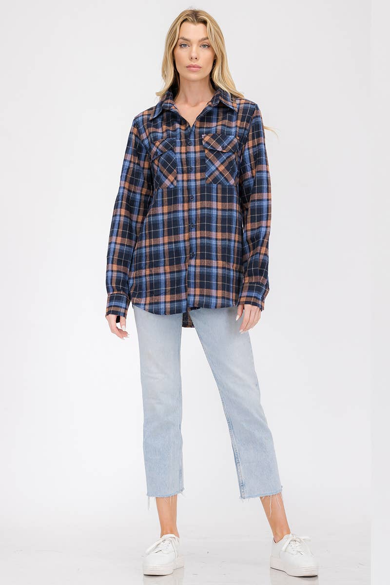 W-FL104 Womens Boyfriend Flannel Checkered Plaid Long Sleeve