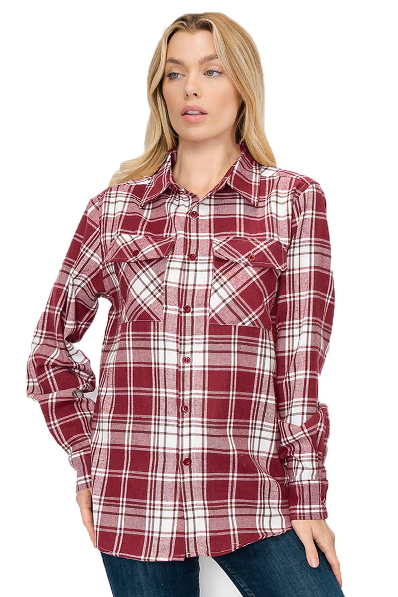 W-FL106 Womens Boyfriend Flannel Checkered Plaid Long Sleeve