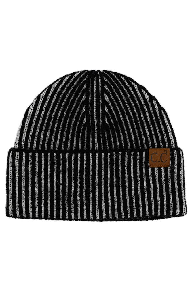 C.C Contrast Color Stripes Cuff Beanie