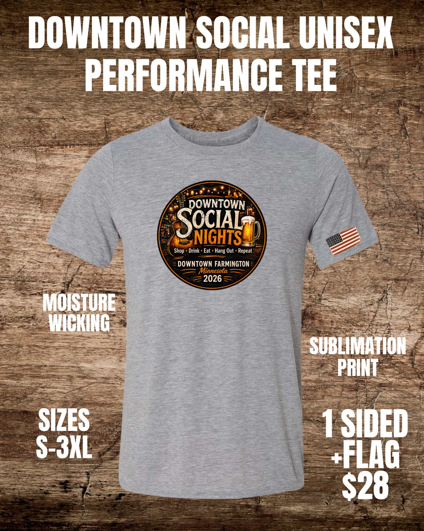 Downtown Social Unisex Performance Tee 1-Sided w/Flag