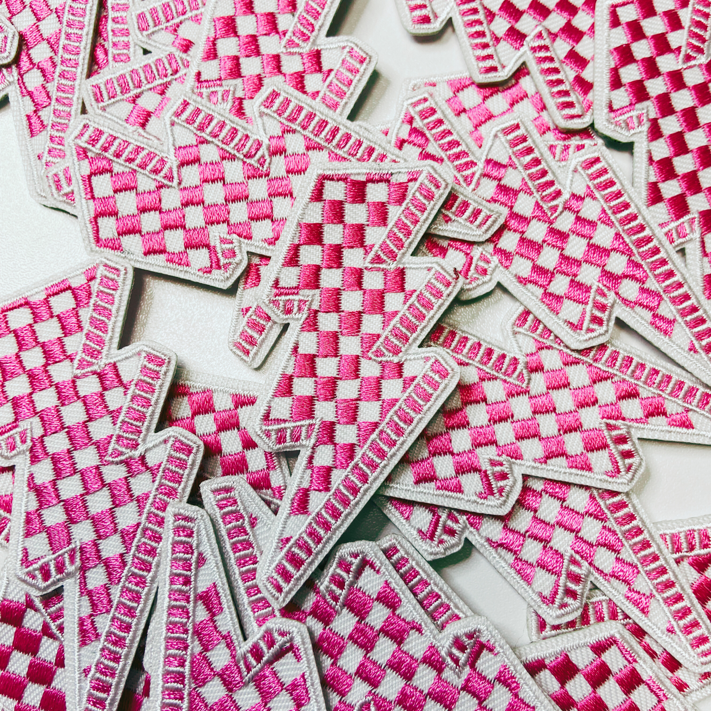 2.5” Checkered Lightning - PINK - Embroidered Hat Patch