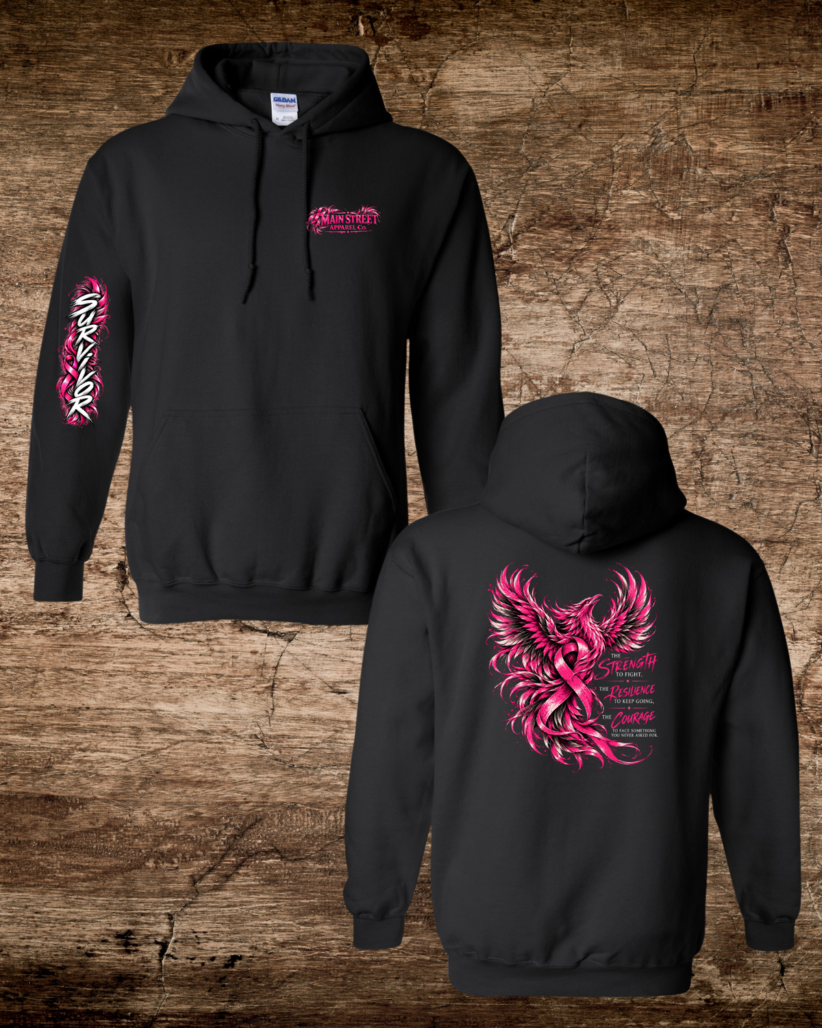 Main Street Apparel Co. Exclusive Breast Cancer Awareness Hoodie Survivor or Fighter Sleeve