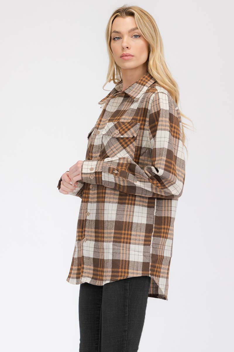 W-FL104 Womens Boyfriend Flannel Checkered Plaid Long Sleeve