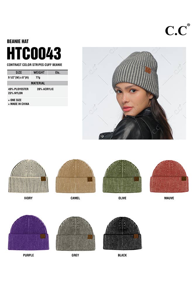C.C Contrast Color Stripes Cuff Beanie