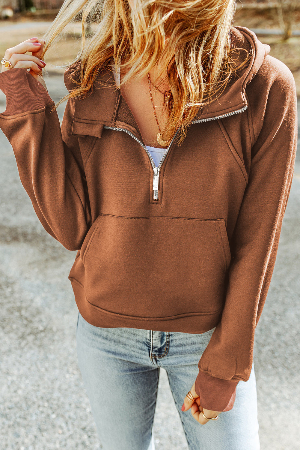 Brown Quarter Zip Kangaroo Pocket Hoodie