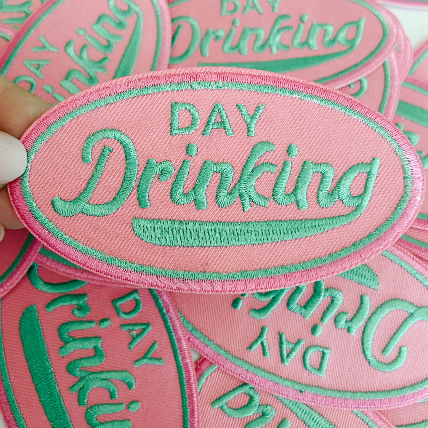 4" Day Drinking in Pink and Teal  -  Embroidered Hat Patch (Version 2)