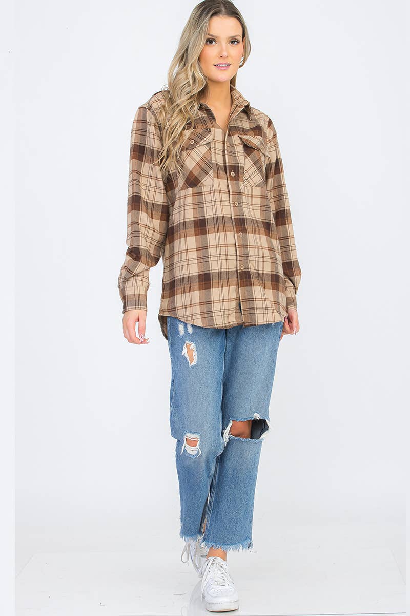 W-FL102 Womens Boyfriend Flannel Checkered Plaid Long Sleeve