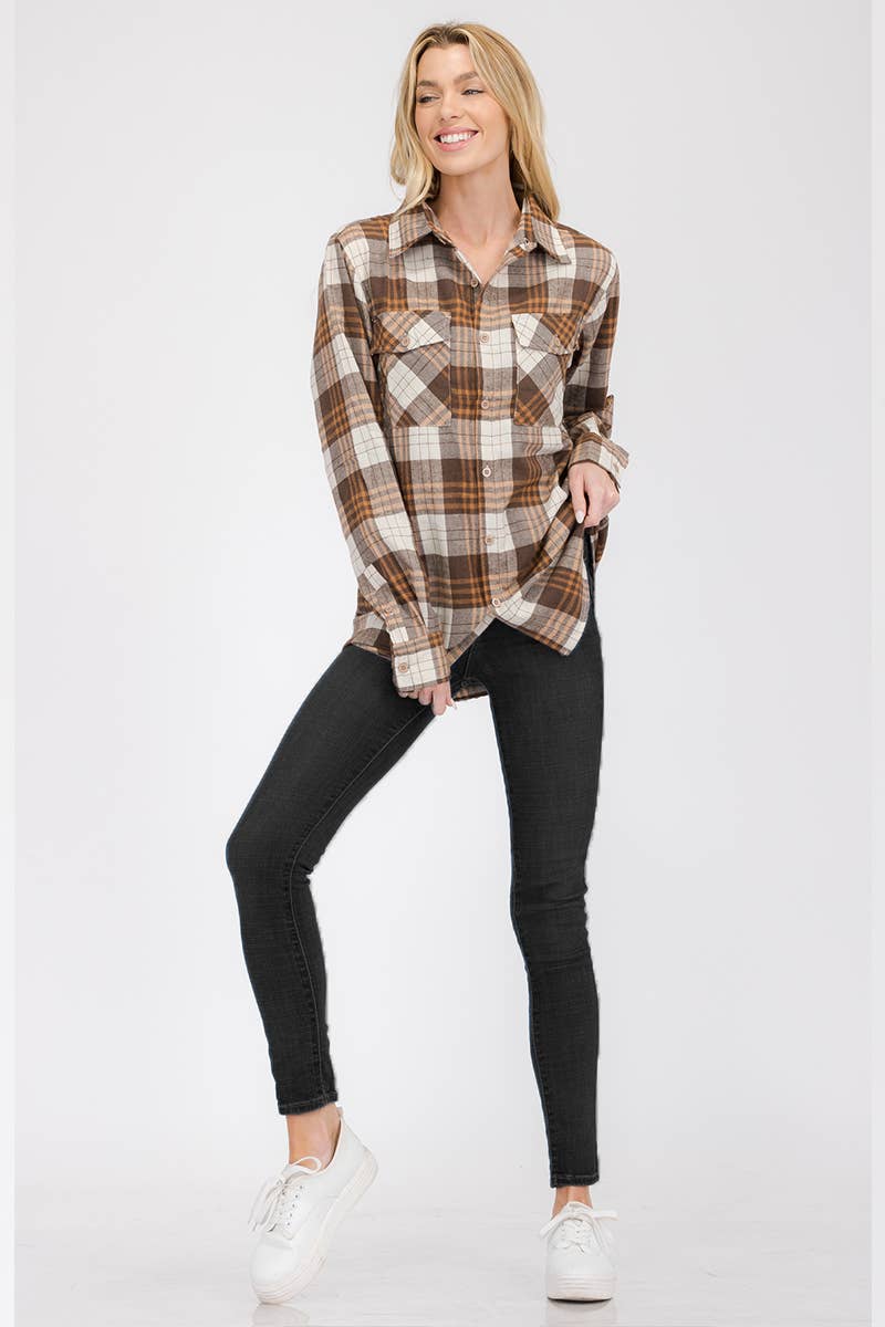 W-FL104 Womens Boyfriend Flannel Checkered Plaid Long Sleeve