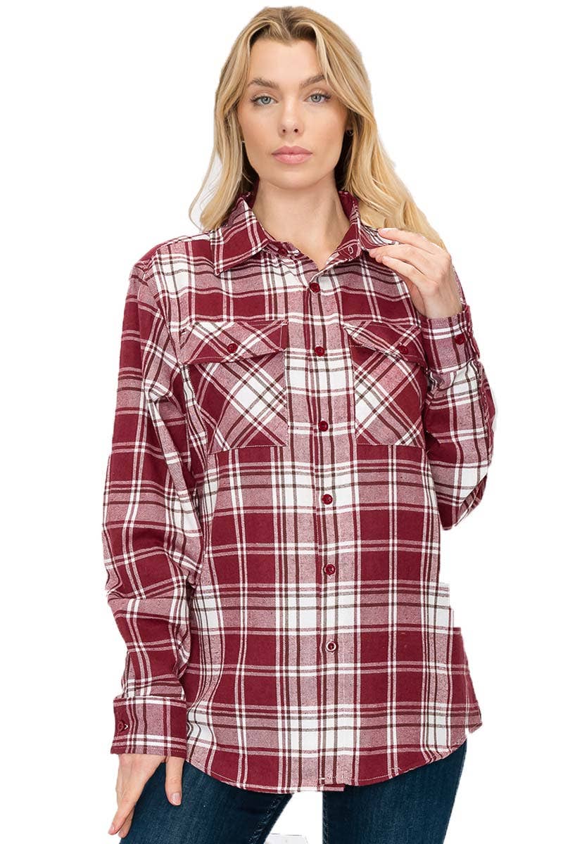 W-FL106 Womens Boyfriend Flannel Checkered Plaid Long Sleeve