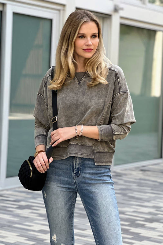 ',, FRENCH TERRY ACID WASH RAW EDGE PULLOVER
