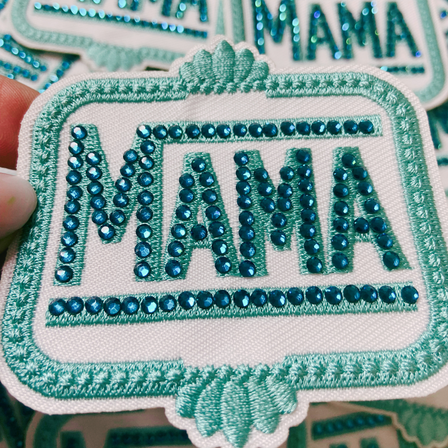 3" Teal MAMA with Rhinestones  -  Embroidered Hat Patch