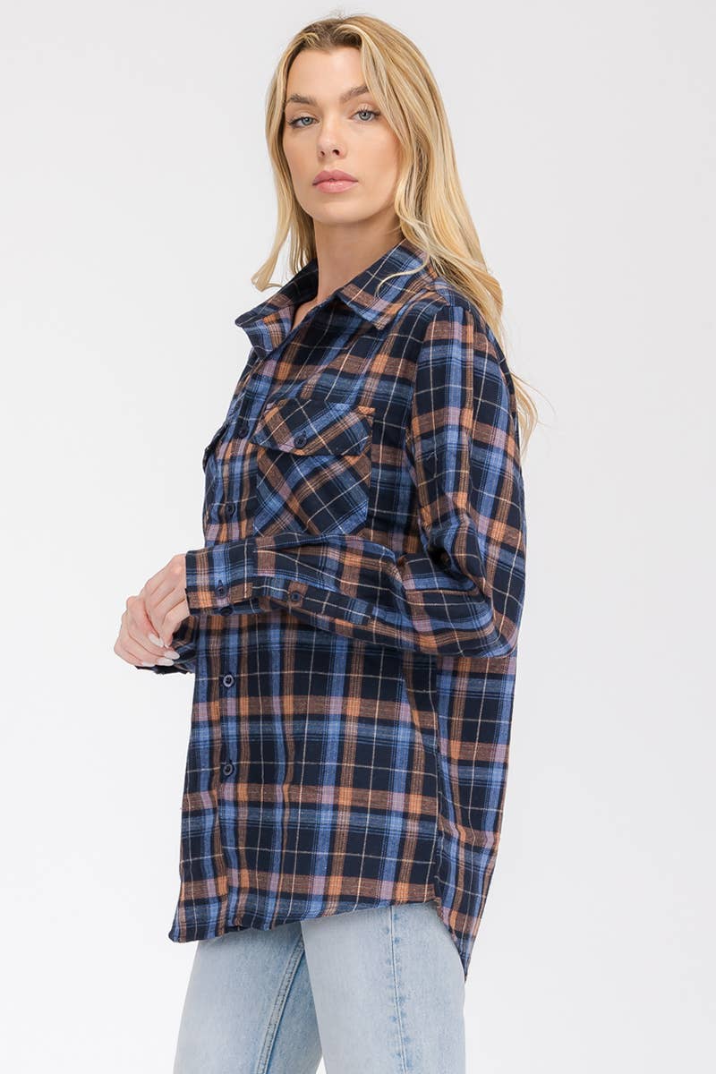 W-FL104 Womens Boyfriend Flannel Checkered Plaid Long Sleeve